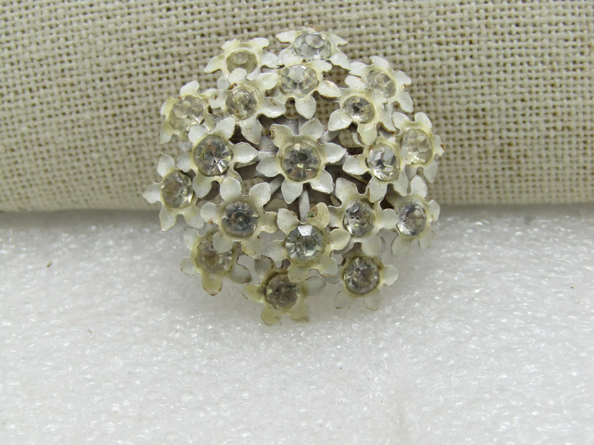 Vintage Enameled Forget-Me-Not Brooch, White with Clear Rhinestones, 1950's-1960's, 1-1/3"