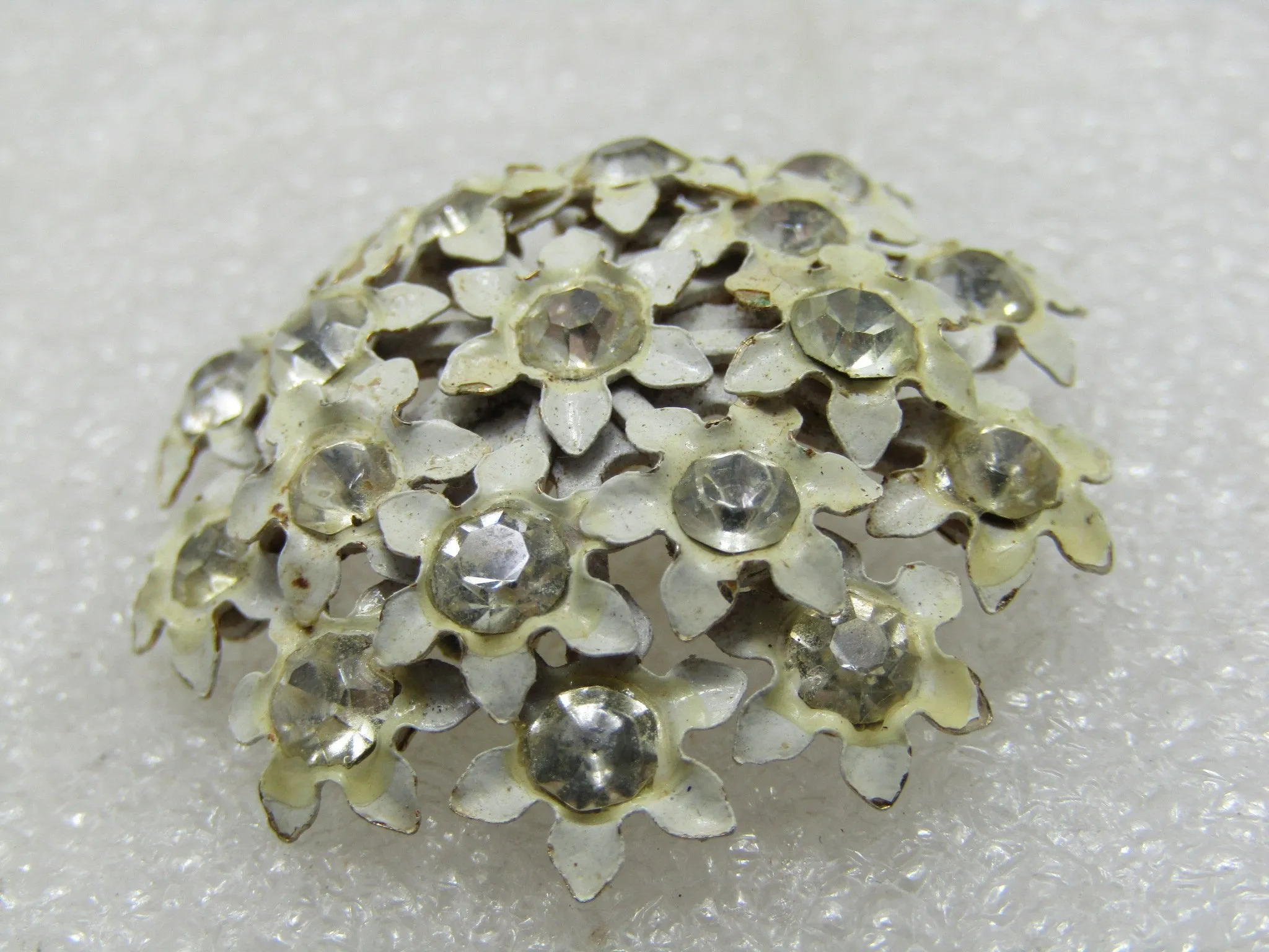 Vintage Enameled Forget-Me-Not Brooch, White with Clear Rhinestones, 1950's-1960's, 1-1/3"